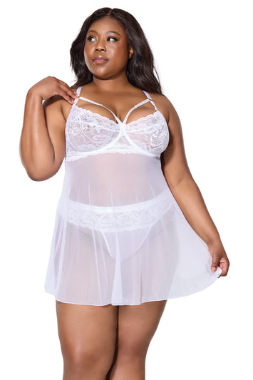 Coquette - 25127 PLUS - Babydoll & Thong - White - Stag Shop