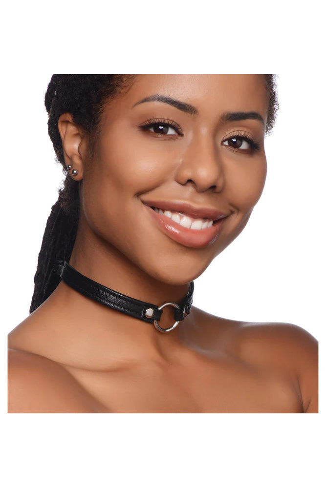 XR Brands - Master Series - Sex Pet Slim Black Leather Collar with O-Ring - Stag Shop