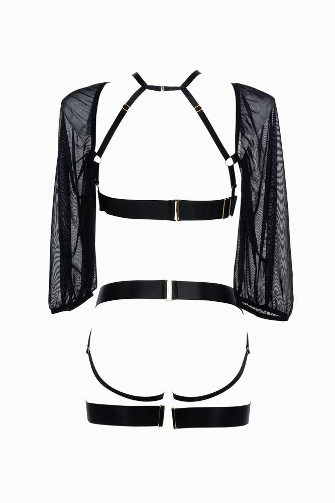 Allure Lingerie - Adore - Ibiza Babe Strappy Harness Set with Sleeves - Black - OS - Stag Shop