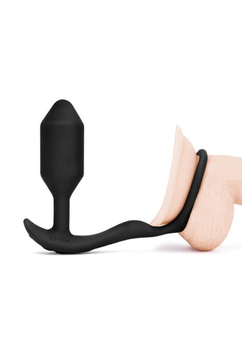 b-Vibe - Snug & Tug - Weighted Vibrating Butt Plug with Cock Ring - Medium - Black - Stag Shop
