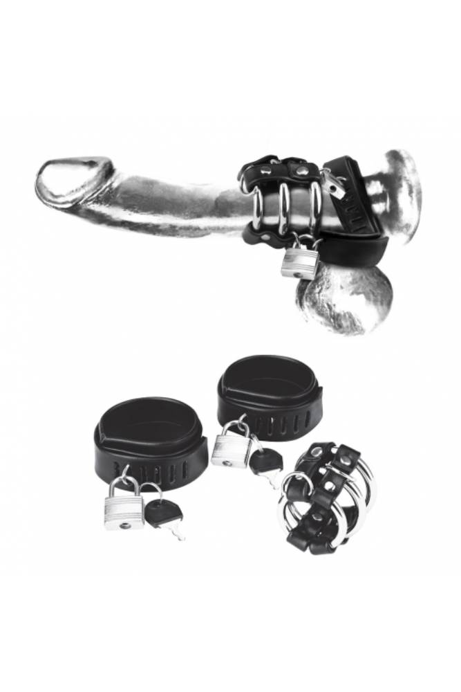 Electric Eel - Blue Line - Locking Ball Stretcher, Cock Ring And Three-Ring Cock Cage - Black - Stag Shop