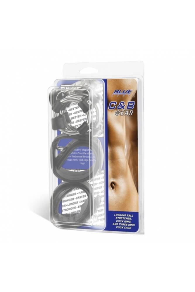 Electric Eel - Blue Line - Locking Ball Stretcher, Cock Ring And Three-Ring Cock Cage - Black - Stag Shop