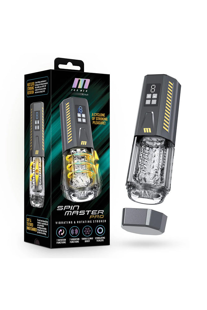 Blush Novelties - M for Men - Spin Master Pro Vibrating & Rotating Masturbator - Black/Clear - Stag Shop