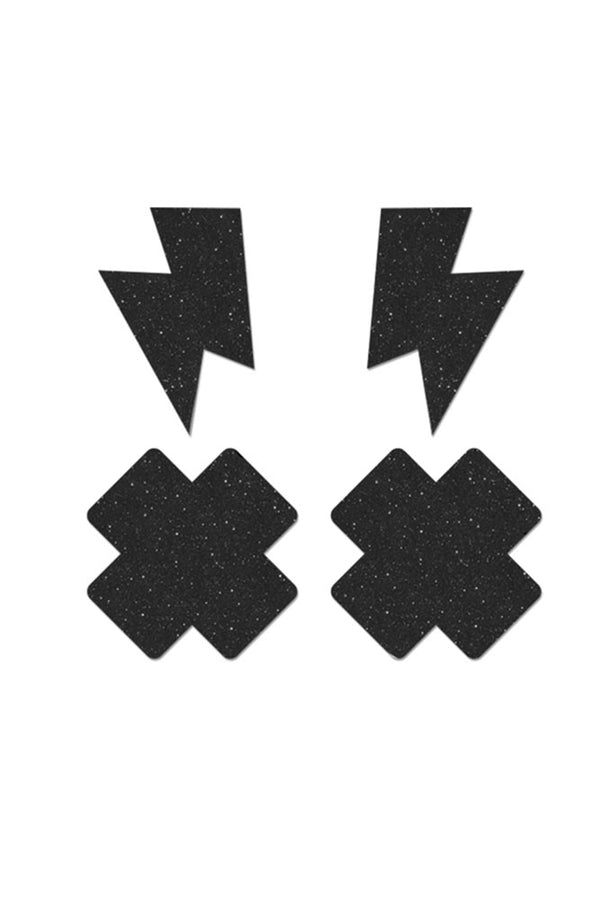 Fantasy Lingerie - Black Glitter Cross & Lightning Bolt Pasties Set - 2 Pair - Stag Shop
