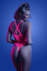 Thumbnail for Fantasy Lingerie - Glow - Electric Haze Fishnet Teddy - Neon Pink - Stag Shop