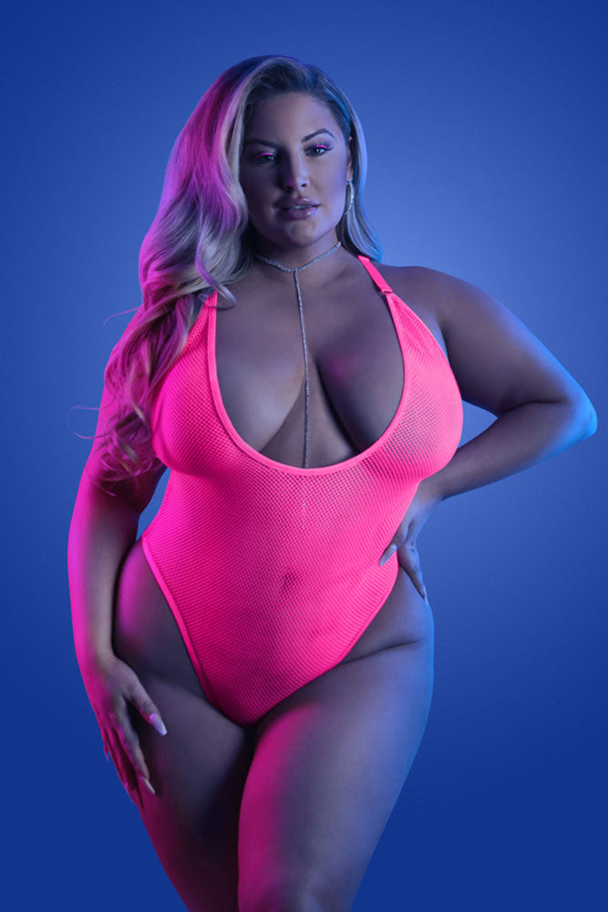 Fantasy Lingerie - Glow - Electric Haze Fishnet Teddy - Neon Pink - Queen Size - Stag Shop
