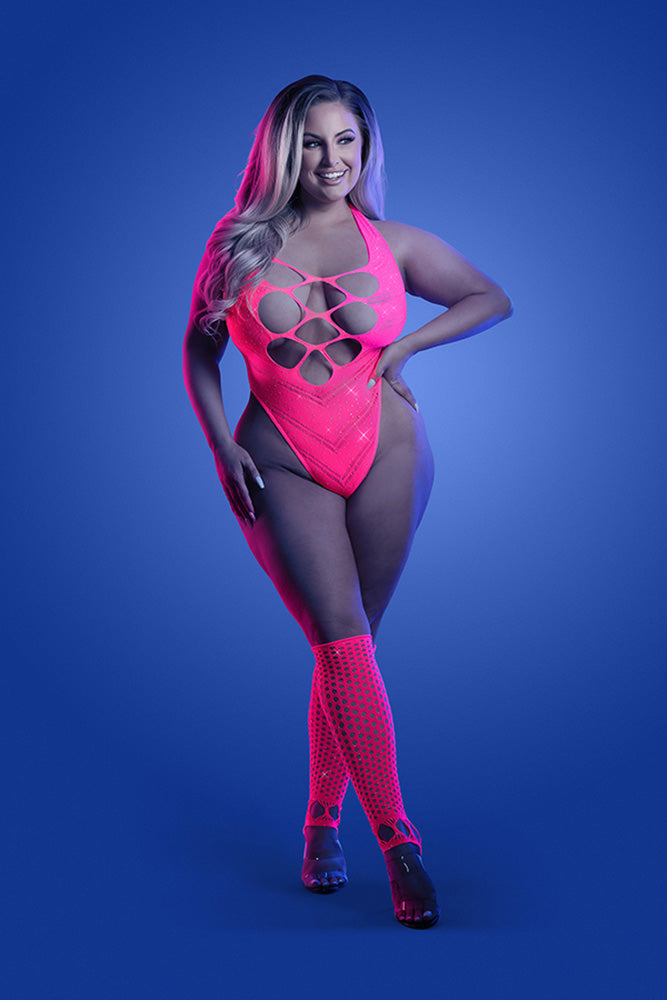 Fantasy Lingerie - Glow - Flashback Rhinestone Teddy & Gloves - Plus - Stag Shop