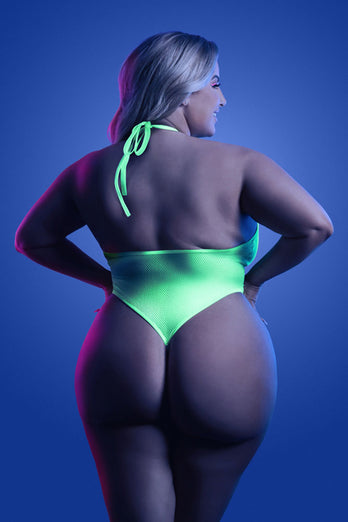 Fantasy Lingerie - Glow - Nocturnal Halter Fishnet Teddy - Neon Green - Queen Size - Stag Shop