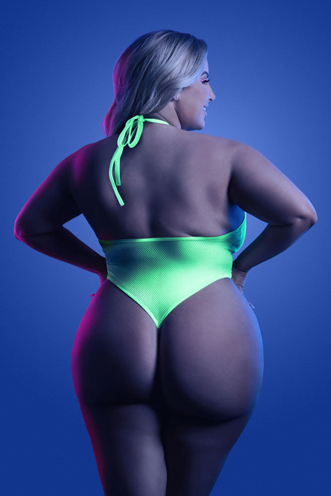 Fantasy Lingerie - Glow - Nocturnal Halter Fishnet Teddy - Neon Green - Queen Size - Stag Shop