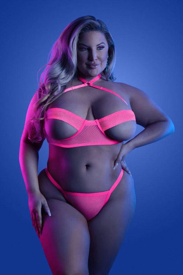 Fantasy Lingerie - Glow - Slow Motion Bra & Panty - Neon Pink - Queen Size - Stag Shop
