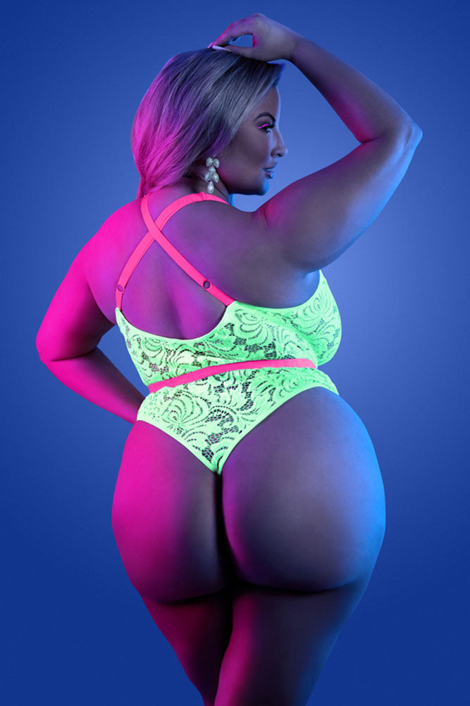 Fantasy Lingerie - Glow - Spotlight Lace Teddy - Neon Green - Queen Size - Stag Shop