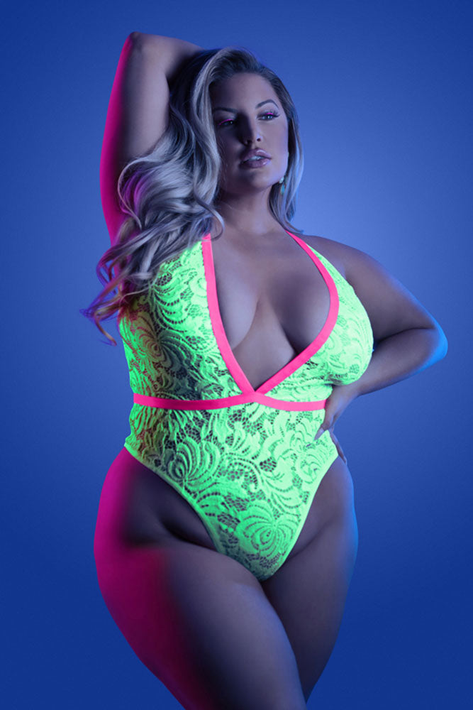 Fantasy Lingerie - Glow - Spotlight Lace Teddy - Neon Green - Queen Size - Stag Shop