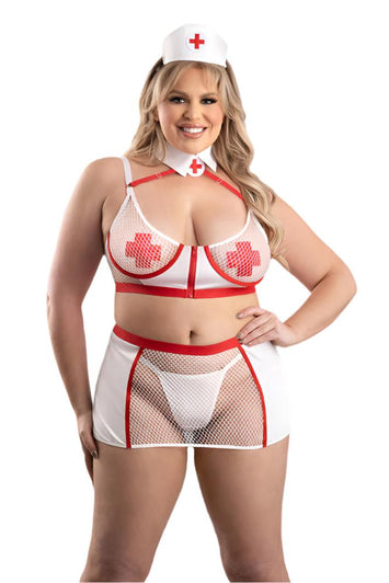 Fantasy Lingerie - Play - Perfect Health Nurse Costume Set - White/Red - Plus Size - Stag Shop