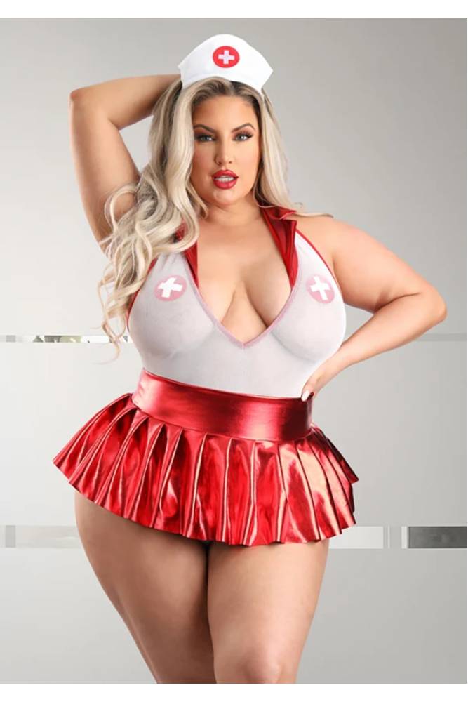 Fantasy Lingerie - Play - Pulse Check Nurse Costume Set - Plus Size - White/Red - Stag Shop
