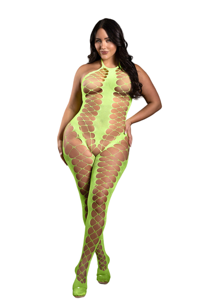Fantasy Lingerie - Sheer - Unstoppable Crotchless Rhinestone Bodystocking - Plus Size - Stag Shop