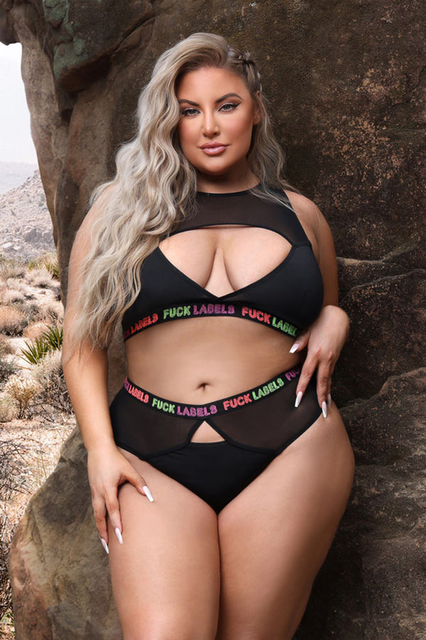 Fantasy Lingerie - Vibes - Fuck Labels Crop Top and High Waist Bottoms - Black - Queen Size - Stag Shop