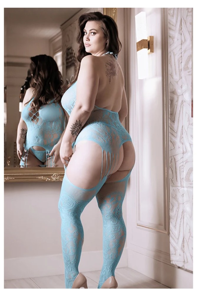 Fantasy Lingerie - Sheer Fantasy - On Cloud 9 Bodystocking & G-String - Blue - Queen Size - Stag Shop
