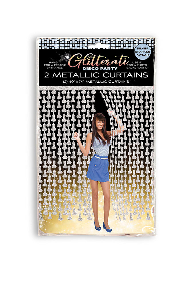 Little Genie - Glitterati Metallic Foil Disco Penis Curtains - Silver - Stag Shop
