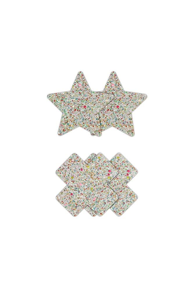 NS Novelties - Pretty Pasties - Stars & Crosses Glow in the Dark Glitter Pasties - 2 Pair - Stag Shop