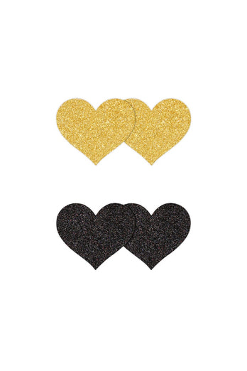 NS Novelties - Pretty Pasties - Heart Glitter Pasties 2 Pair - Black/Gold - Stag Shop