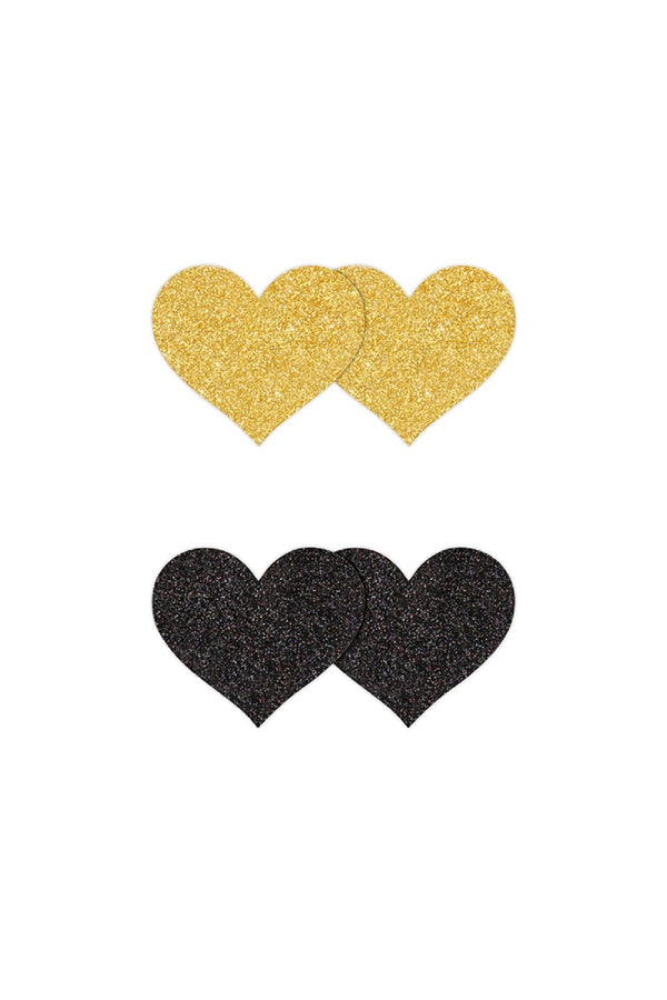 NS Novelties - Pretty Pasties - Heart Glitter Pasties 2 Pair - Black/Gold - Stag Shop