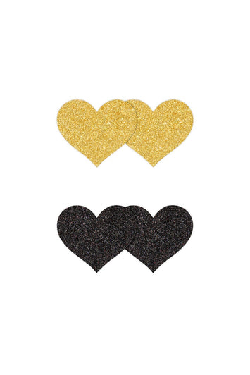 NS Novelties - Pretty Pasties - Heart Glitter Pasties 2 Pair - Black/Gold - Stag Shop