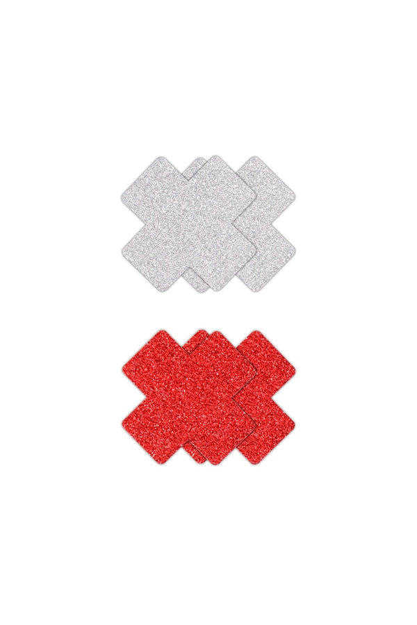 NS Novelties - Pretty Pasties - Cross Glitter Pasties 2 Pair - Silver/Red - Stag Shop