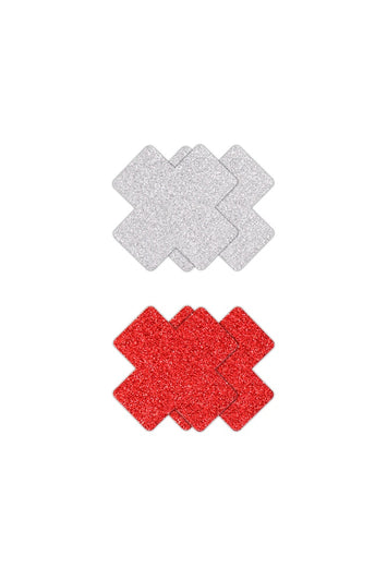 NS Novelties - Pretty Pasties - Cross Glitter Pasties 2 Pair - Silver/Red - Stag Shop