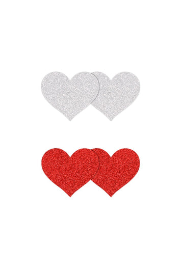 NS Novelties - Pretty Pasties - Heart Glitter Pasties 2 Pair - Silver/Red - Stag Shop