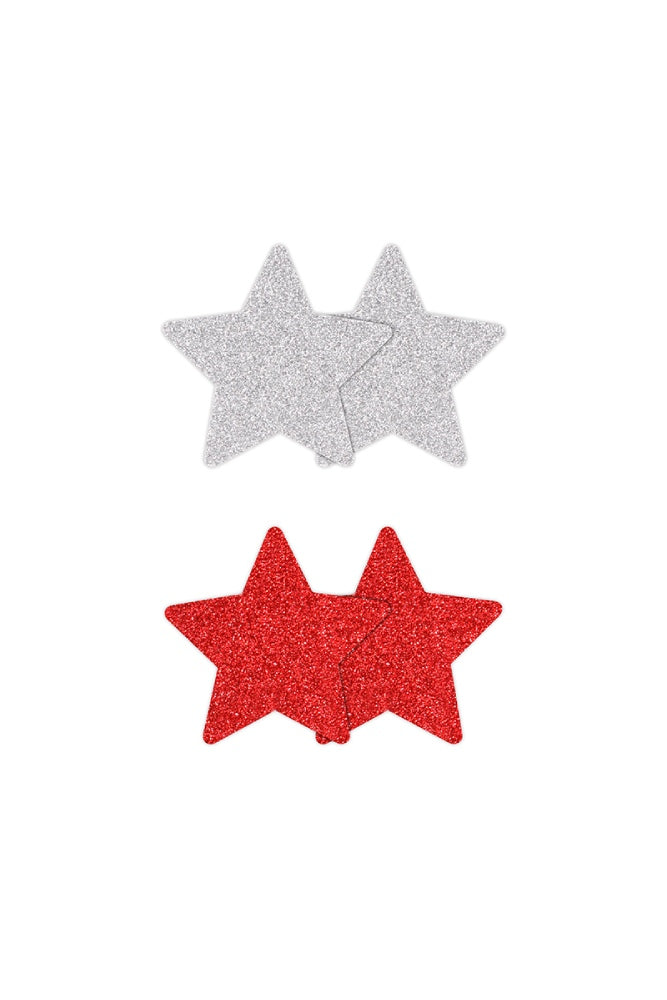 NS Novelties - Pretty Pasties - Star Glitter Pasties 2 Pair - Silver/Red - Stag Shop