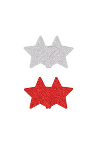 Thumbnail for NS Novelties - Pretty Pasties - Star Glitter Pasties 2 Pair - Silver/Red - Stag Shop