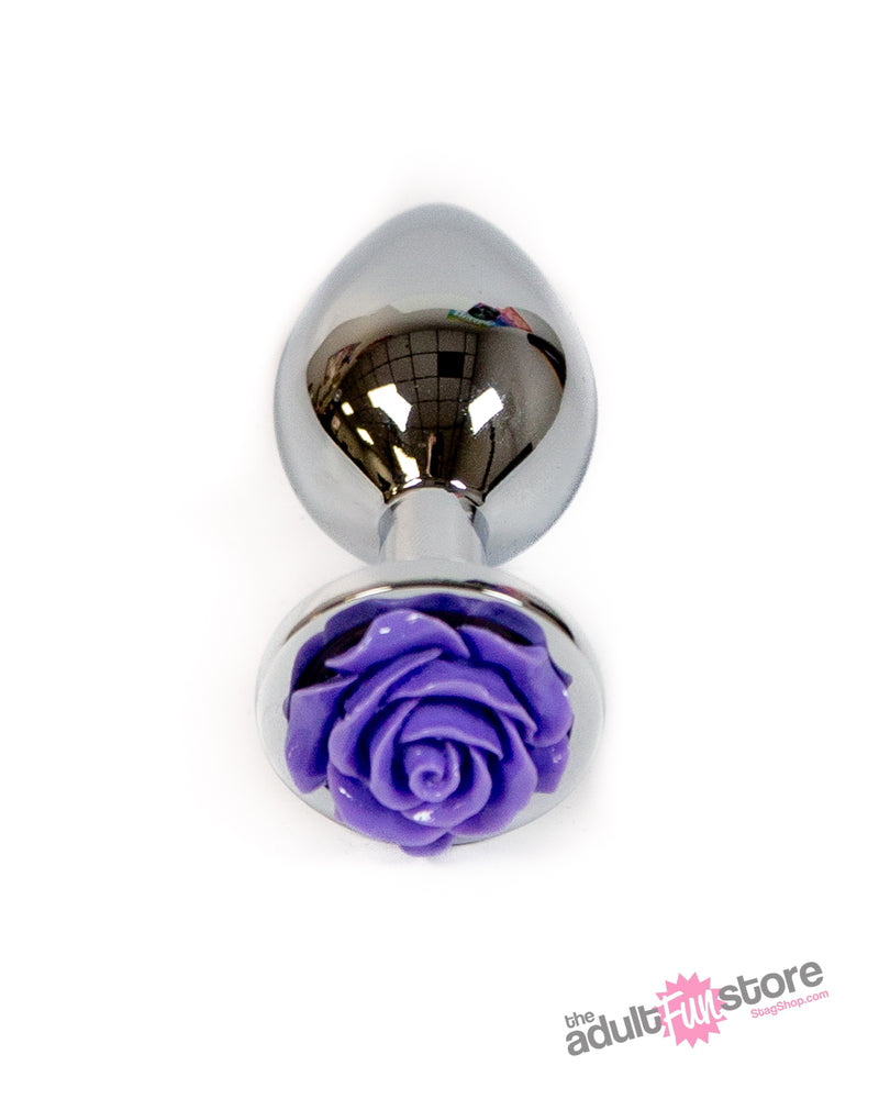 NS Novelties - Rear Assets - Aluminum Rose Butt Plug - Silver/Purple - Medium - 3.5 Inch - Stag Shop