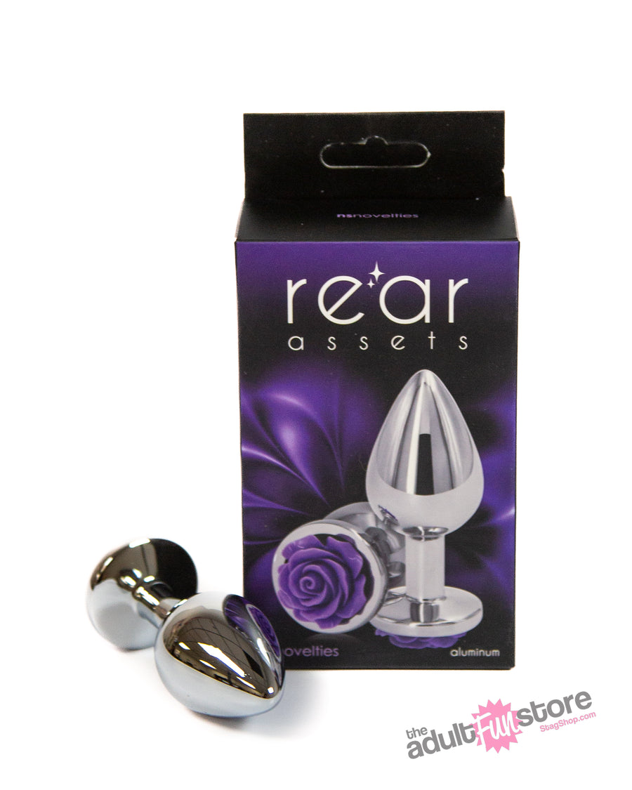 NS Novelties - Rear Assets - Aluminum Rose Butt Plug - Silver/Purple - Medium - 3.5 Inch - Stag Shop