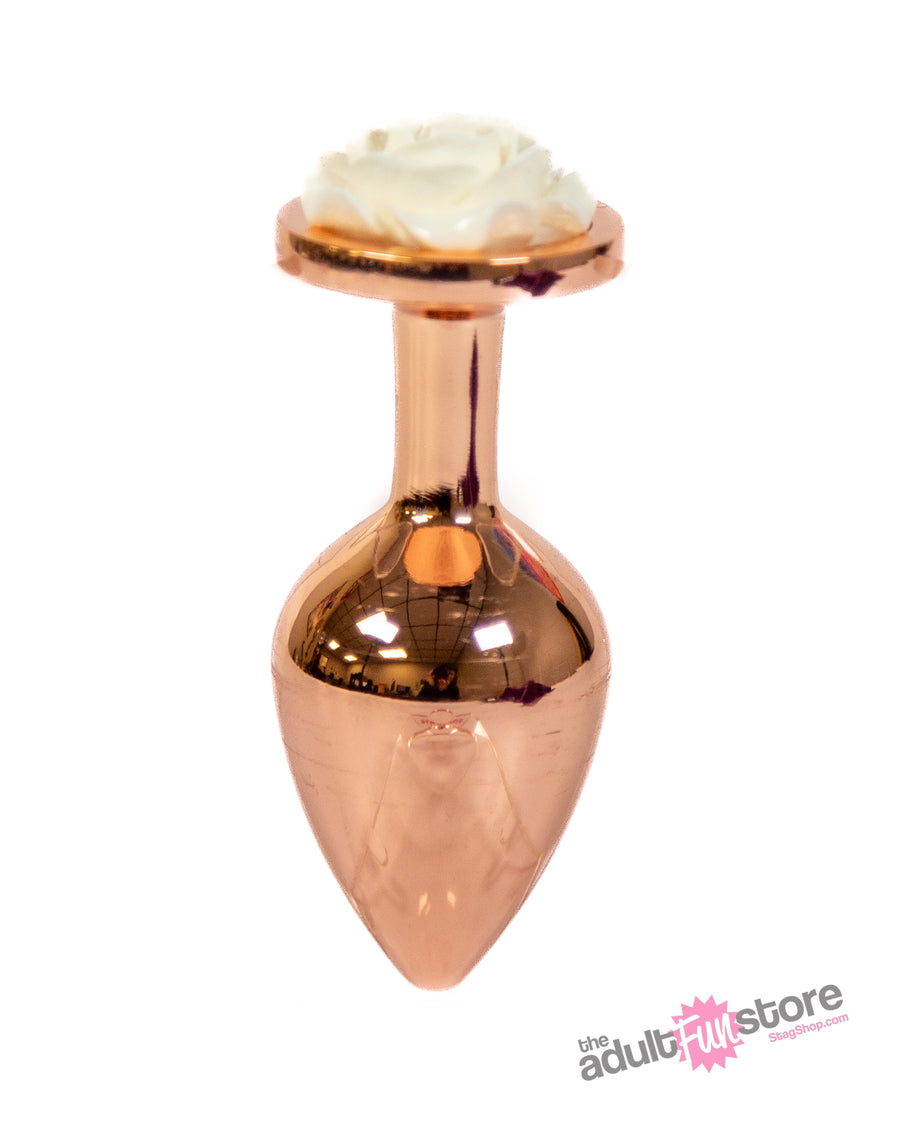 NS Novelties - Rear Assets - Aluminum Rose Butt Plug - Gold/White - Medium - 3.5 Inch - Stag Shop