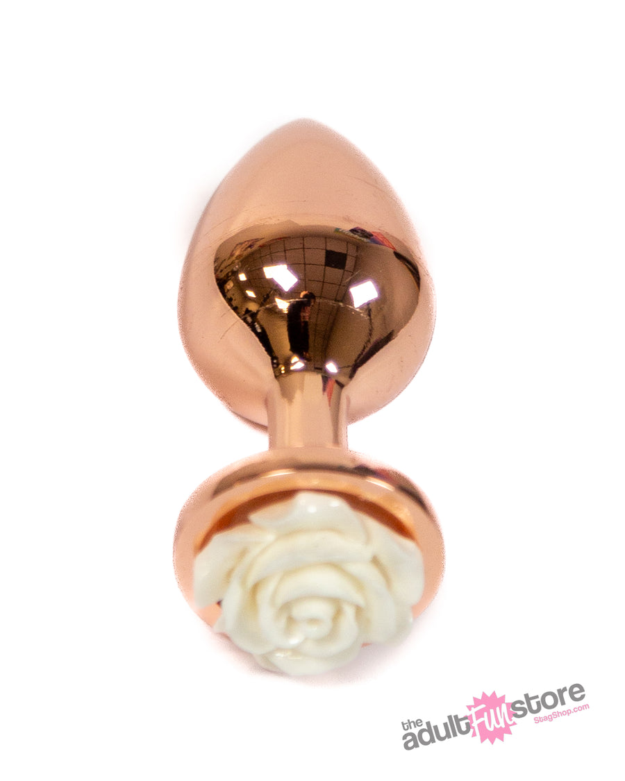 NS Novelties - Rear Assets - Aluminum Rose Butt Plug - Gold/White - Medium - 3.5 Inch - Stag Shop