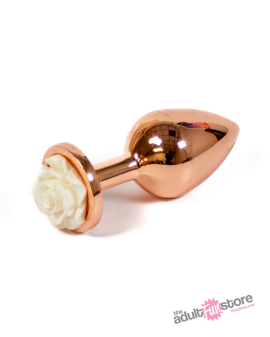 NS Novelties - Rear Assets - Aluminum Rose Butt Plug - Gold/White - Medium - 3.5 Inch - Stag Shop