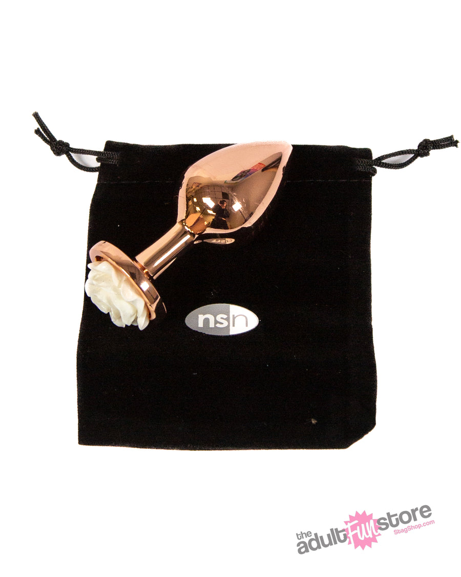 NS Novelties - Rear Assets - Aluminum Rose Butt Plug - Gold/White - Medium - 3.5 Inch - Stag Shop