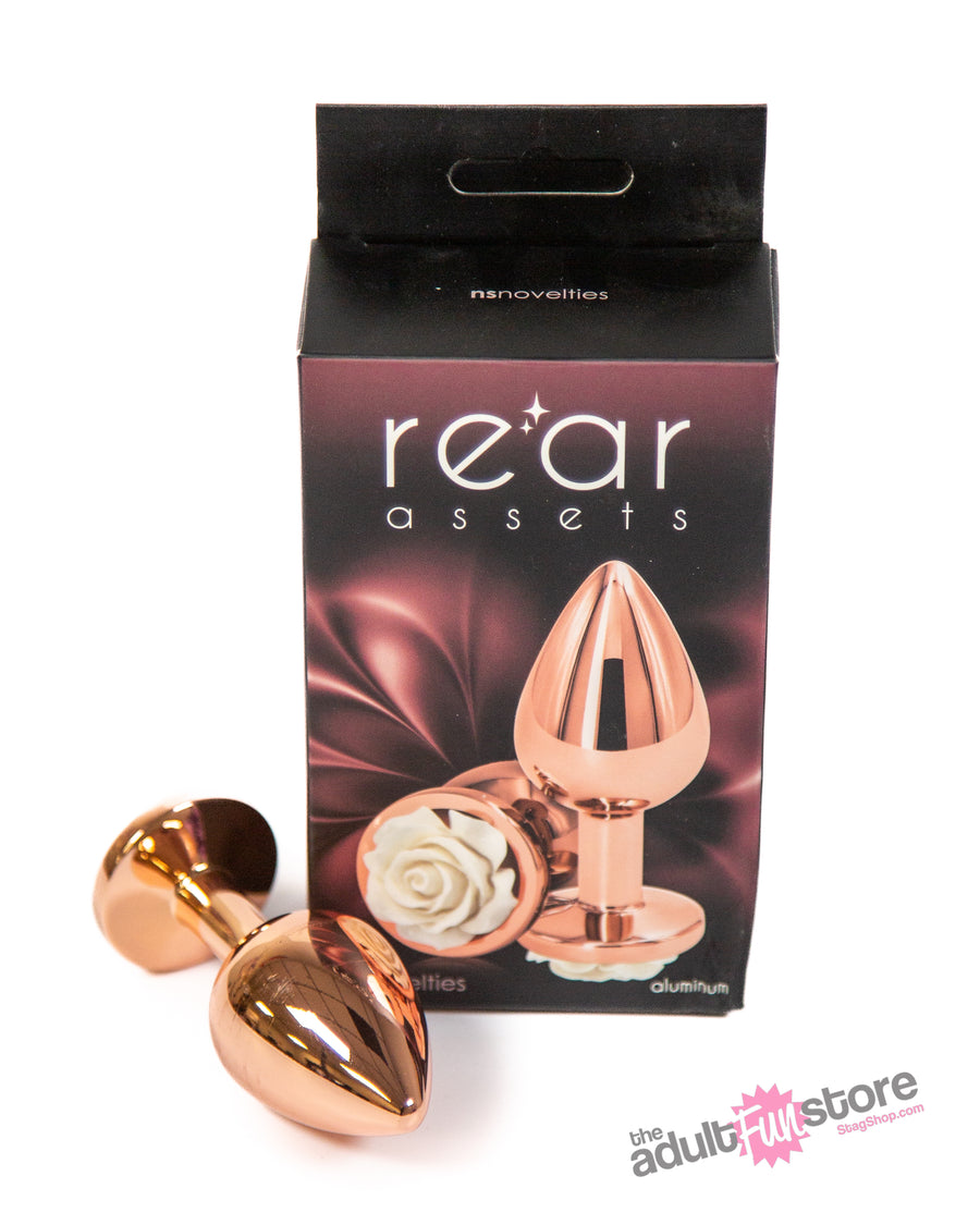NS Novelties - Rear Assets - Aluminum Rose Butt Plug - Gold/White - Medium - 3.5 Inch - Stag Shop