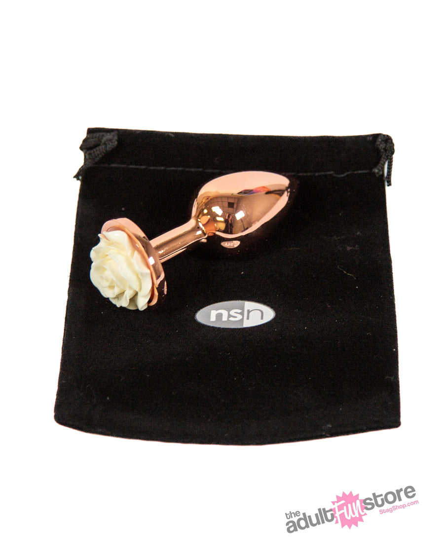 NS Novelties - Rear Assets - Aluminum Rose Butt Plug - Gold/White - Small - 3 Inch - Stag Shop