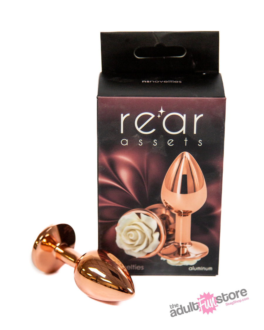 NS Novelties - Rear Assets - Aluminum Rose Butt Plug - Gold/White - Small - 3 Inch - Stag Shop