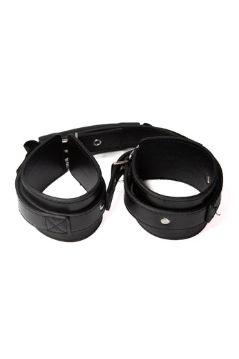 Ouch by Shots Toys - Adjustable Leather Handcuffs With Handle - Black - Stag Shop