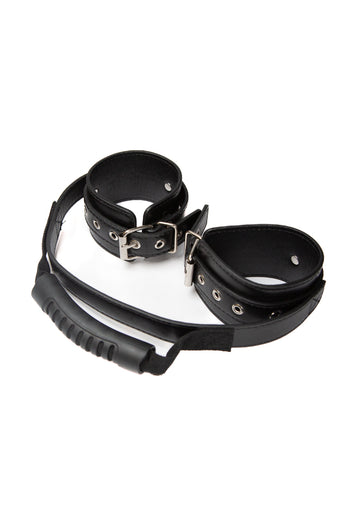 Ouch by Shots Toys - Adjustable Leather Handcuffs With Handle - Black - Stag Shop