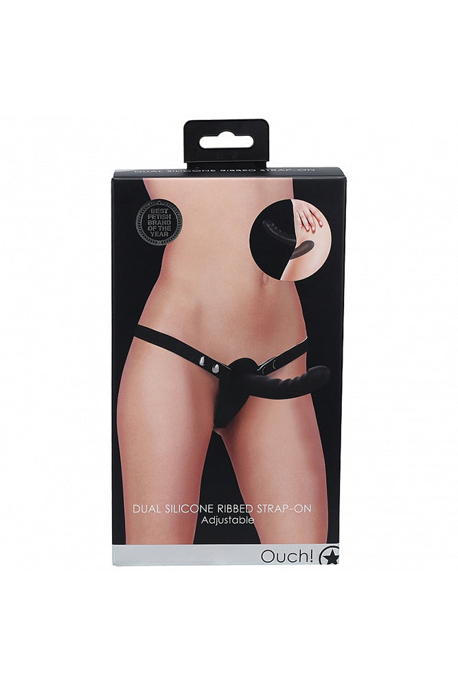 Ouch by Shots Toys - Dual Silicone Ribbed Strap-On - Black - Stag Shop