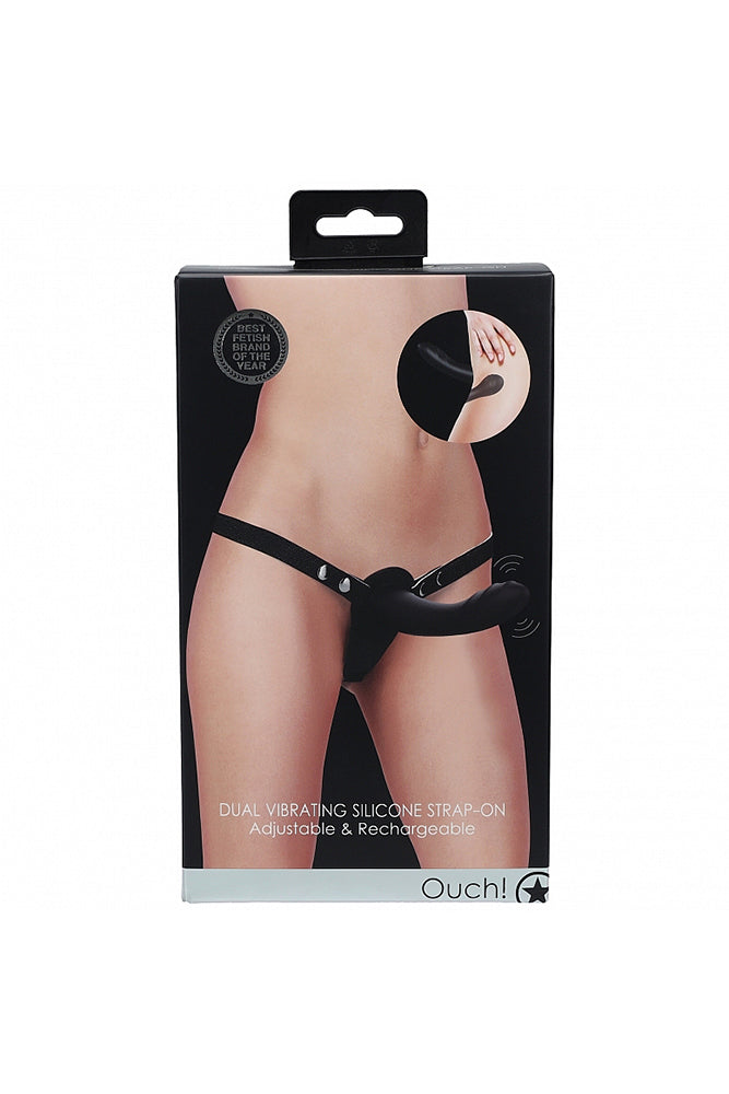 Ouch by Shots Toys - Dual Vibrating Silicone Strap-On - Black - Stag Shop