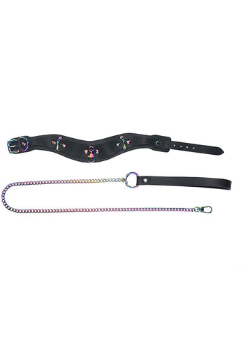 Ouch International - Venice Collection - Collar with Leash - Black/Iridescent - Stag Shop