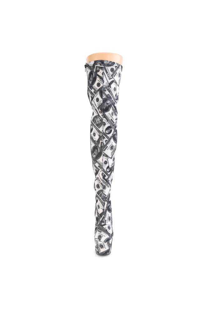Pleaser USA - 7" Thigh High Boot with Money Print - Black/White - Stag Shop