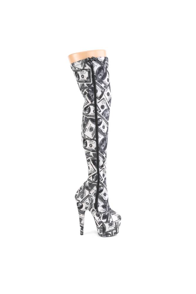 Pleaser USA - 7" Thigh High Boot with Money Print - Black/White - Stag Shop