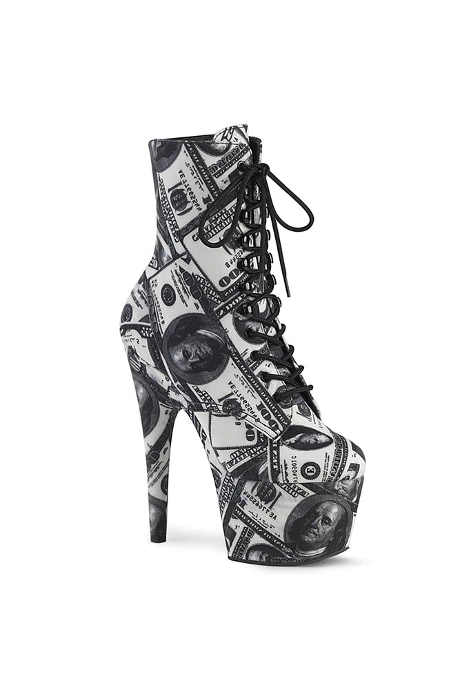 Pleaser USA - Adore 7" Money Print Lace Up Bootie - Black/White - Stag Shop