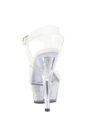 A single clear high-heeled sandal with a transparent ankle strap, clear platform sole, and a glittery silver stiletto heel, shown from the back on a white background.
