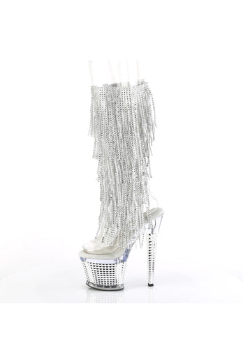 Pleaser USA - Spectator 7 Inch Crystal Fringe Spike Heel Platform - Clear/Silver - Stag Shop